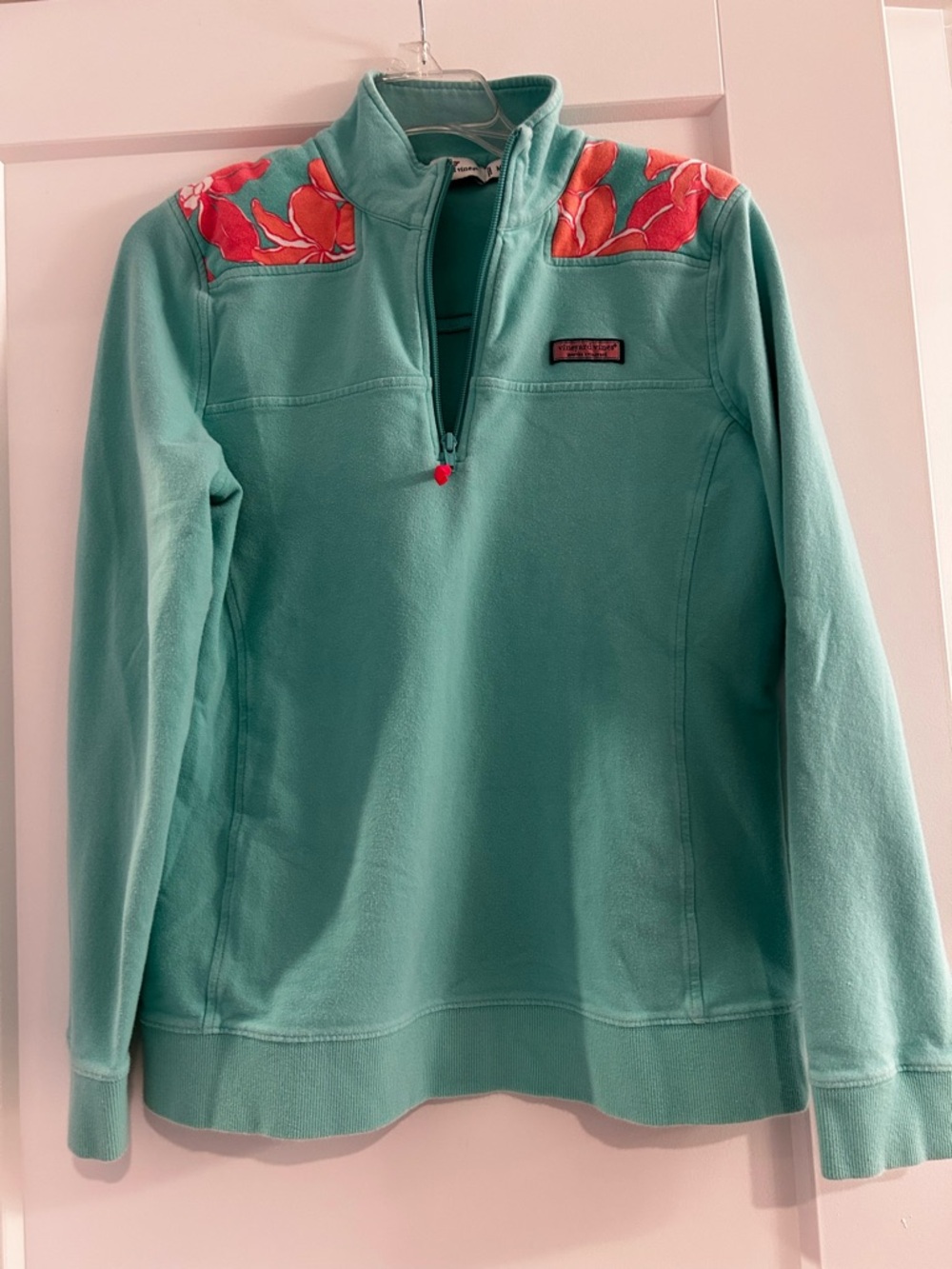 Vineyard Vines Teal Pullover with Coral Floral Shoulder Accents